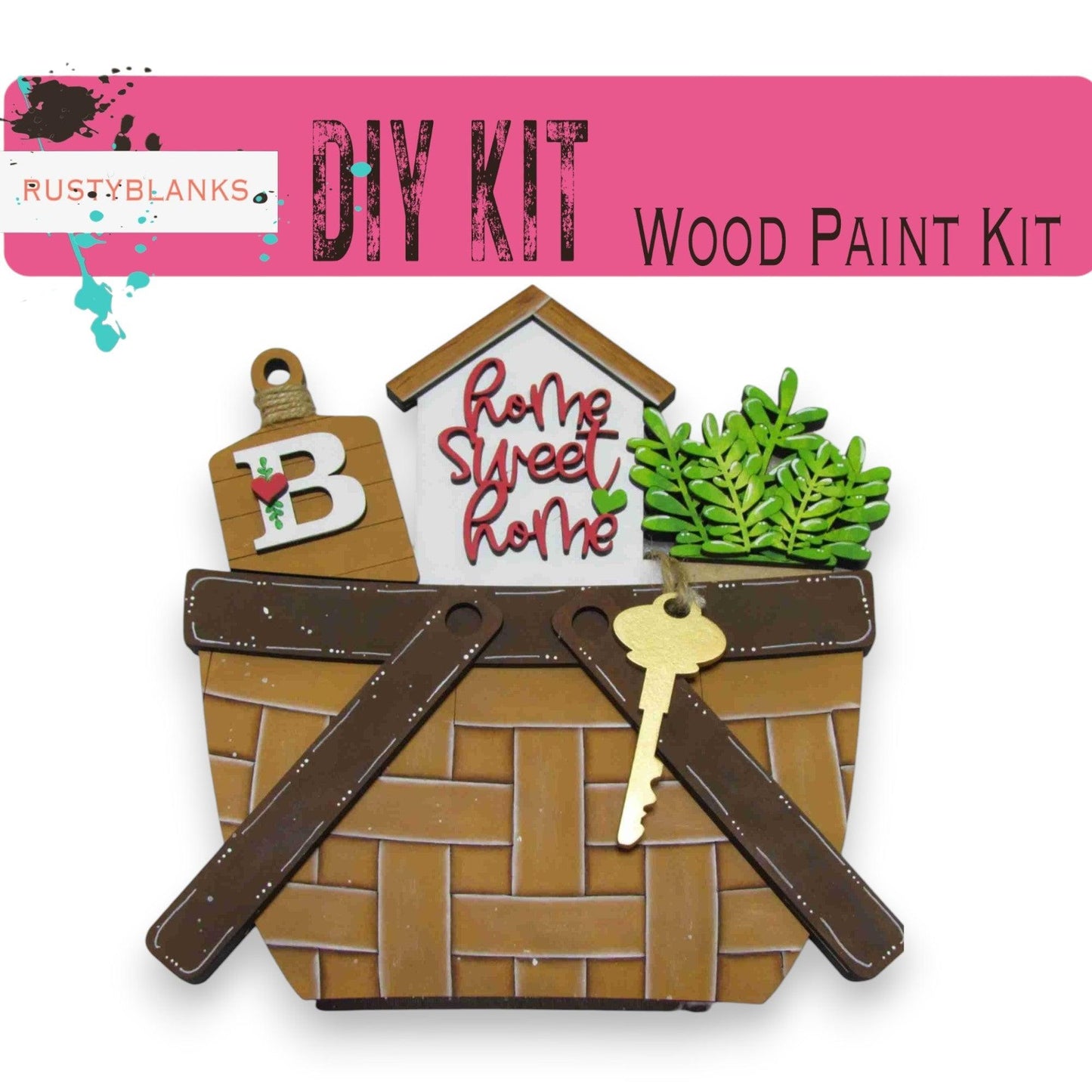 a wooden paint kit with a basket of items