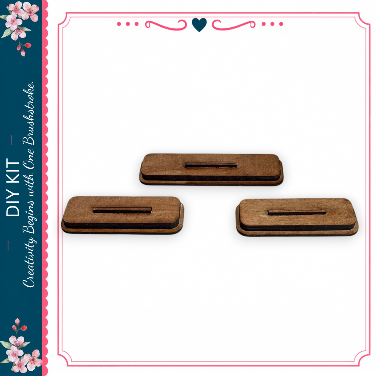three wooden blocks or planks arranged in a row, with a decorative border on the left side.