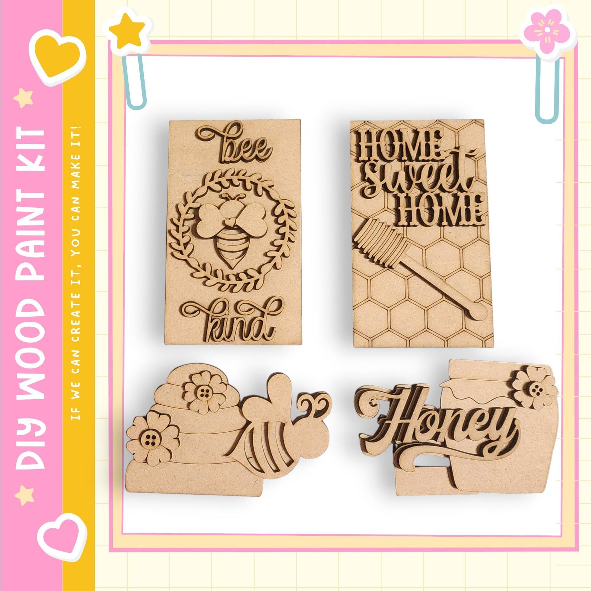 four wooden cutouts, each with a unique design and text, arranged on a white background.