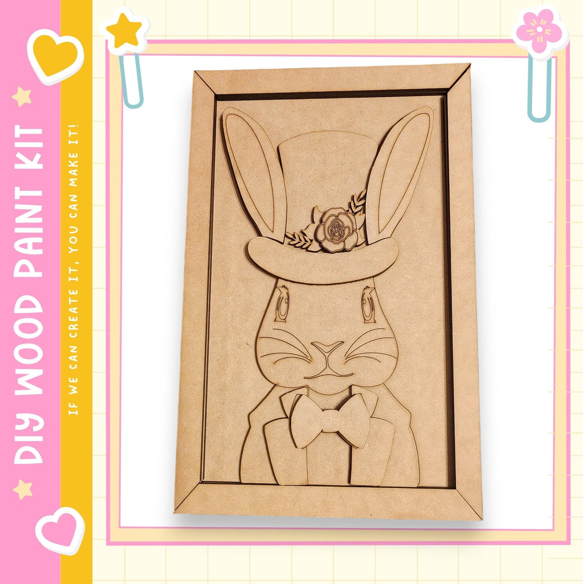 a wooden cutout of a rabbit wearing a top hat and bowtie, which is displayed in a frame.