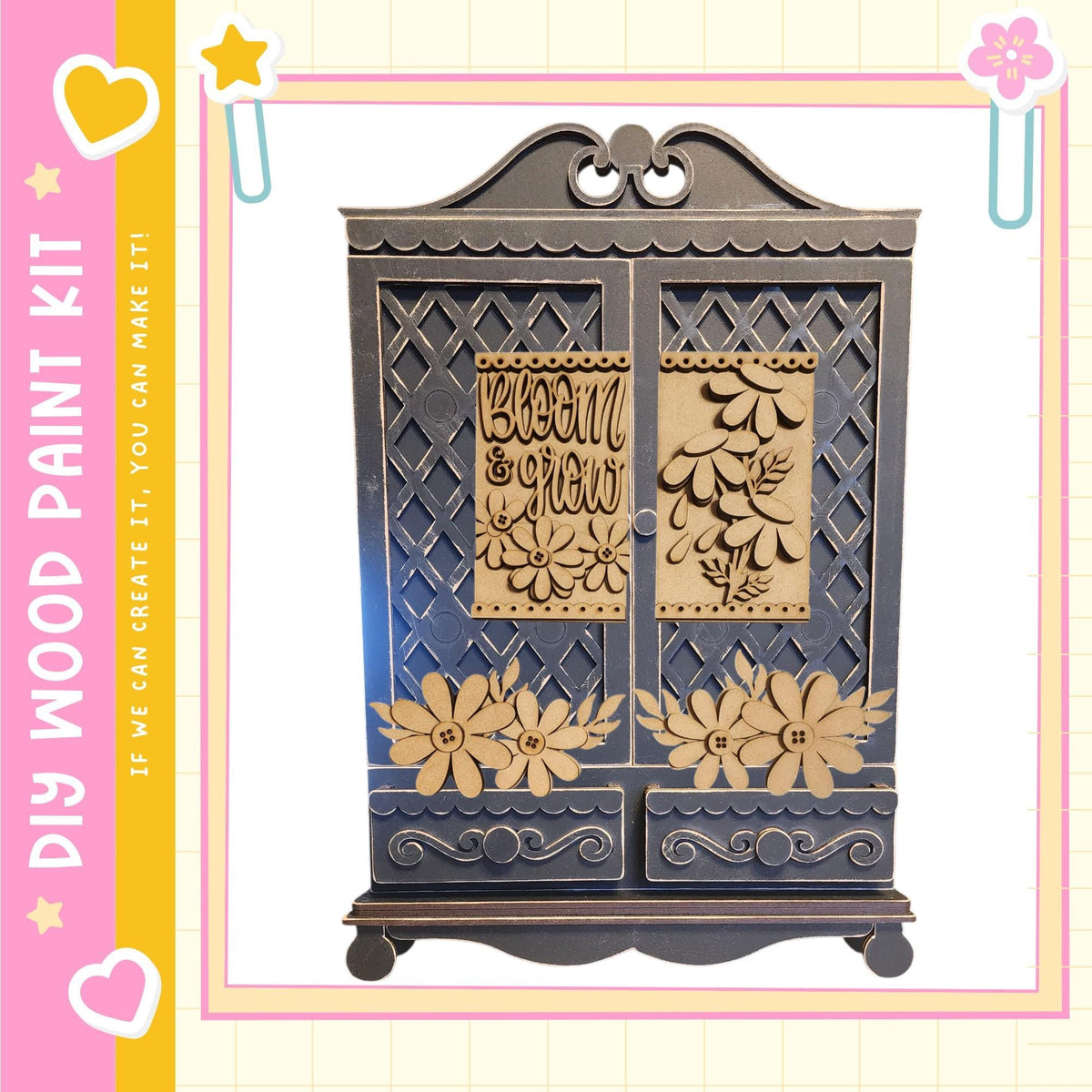 a wooden cabinet with intricate designs and floral patterns, including a heart-shaped decoration on the left side.