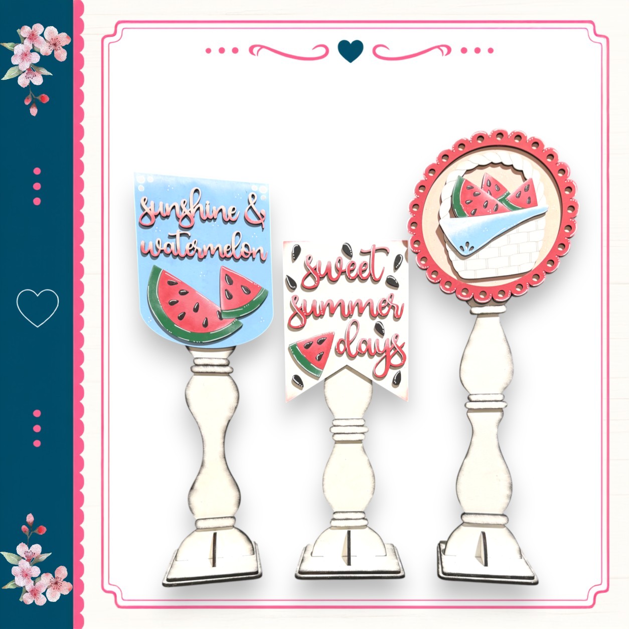 three decorative objects with watermelon designs, each with a different text and color scheme.