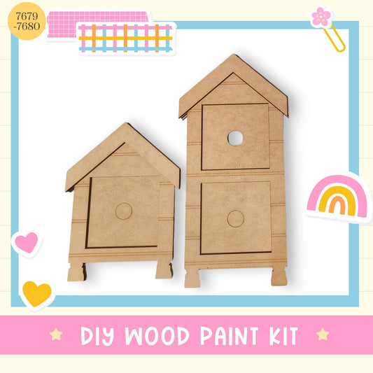 two wooden houses, one larger and one smaller, along with various colorful stickers and a heart-shaped object. The image also includes text that reads "DIY WOOD PAINT KIT" and "7680".