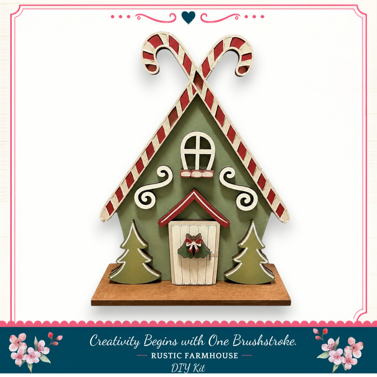 A DIY kit for creating a rustic farmhouse-style candy cane house, featuring a green and red color scheme with candy cane decorations and a wreath on the front door.