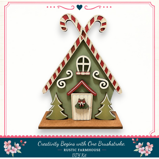 A DIY kit for creating a rustic farmhouse-style candy cane house, featuring a green and red color scheme with candy cane decorations and a wreath on the front door.