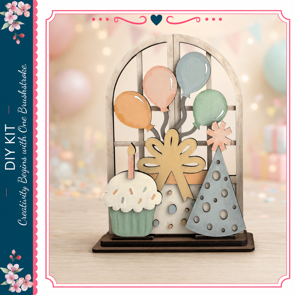 A wooden cake stand with a cupcake, balloons, and a candle, set against a blurred background with colorful balloons.