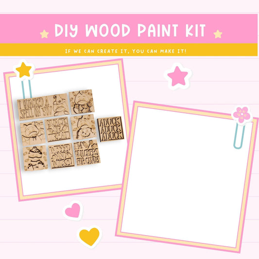 The image is a DIY wood paint kit with a pink background and a yellow border. It features a collection of wooden pieces with various designs and text, along with a blank space for painting. The kit appears to be designed for creating custom wooden art pieces, such as letters or other decorative elements.