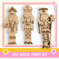 three wooden nutcracker figures, each with unique designs and accessories, displayed against a pink and yellow background.