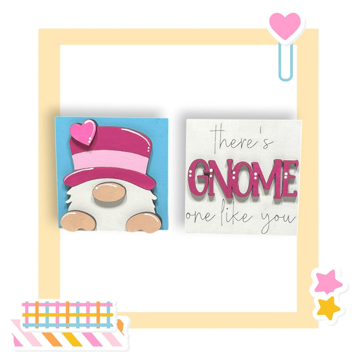 a card with a picture of a gnome wearing a pink hat