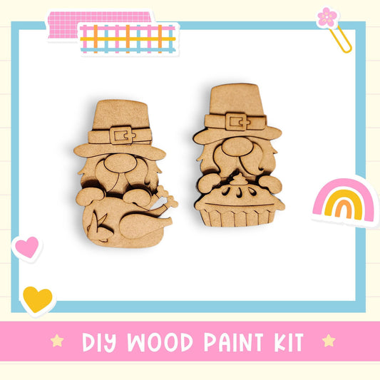 two wooden gnome-shaped objects, one with a pie and the other with a bird, set against a white background with a colorful border.