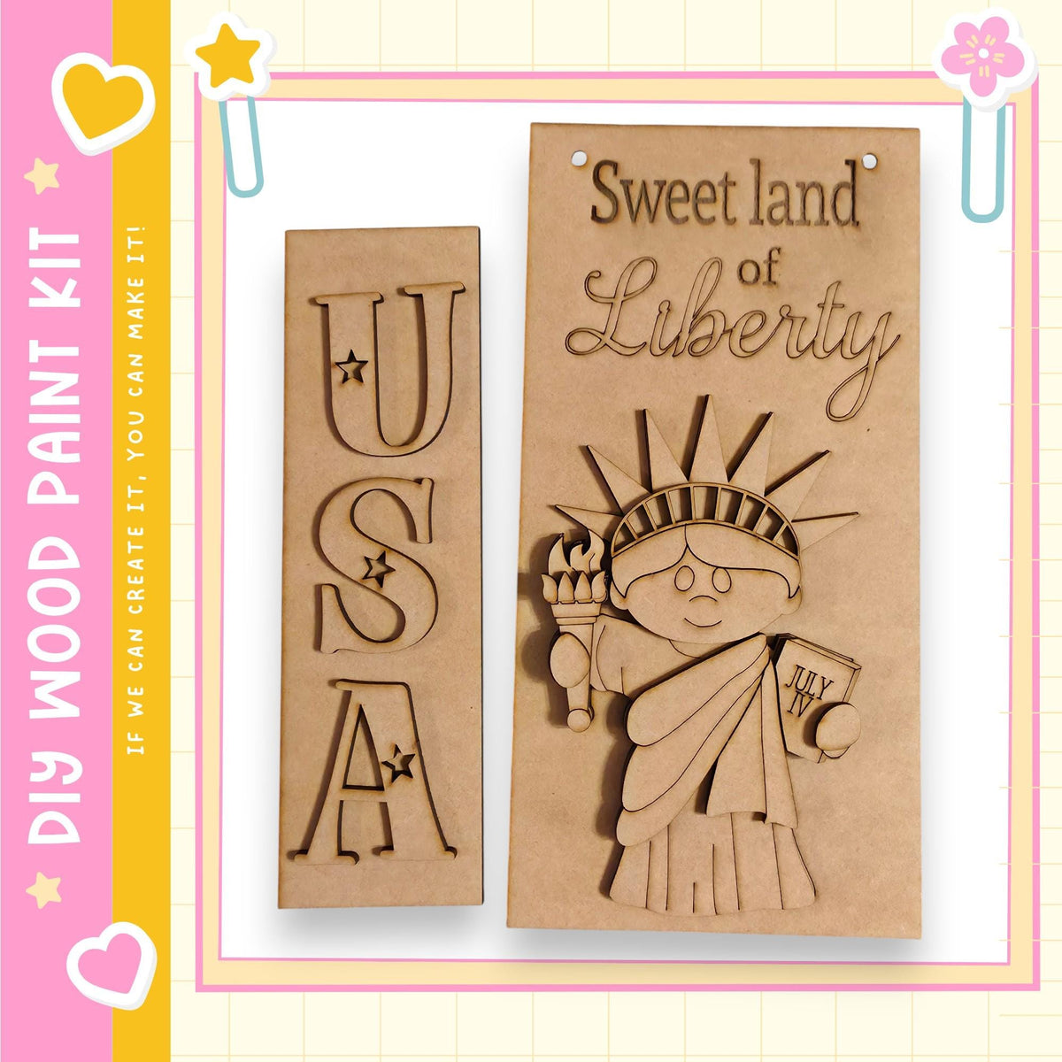 two wooden cutouts of the Statue of Liberty, one with the letters "USA" carved into it and the other with the words "Sweet land of Liberty" carved into it.