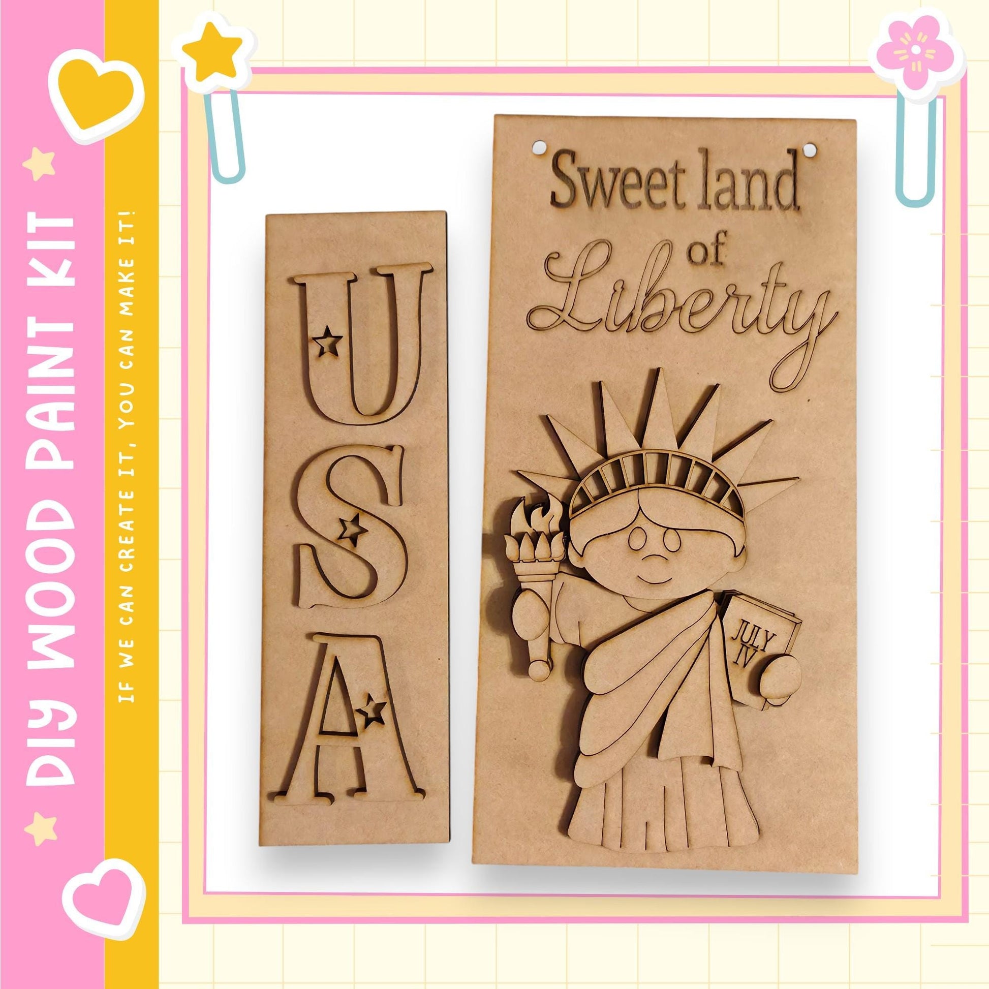 two wooden cutouts of the Statue of Liberty, one with the letters "USA" carved into it and the other with the words "Sweet land of Liberty" carved into it.