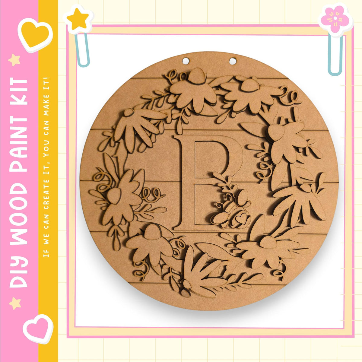 a round wooden wreath with a letter "P" carved into it.