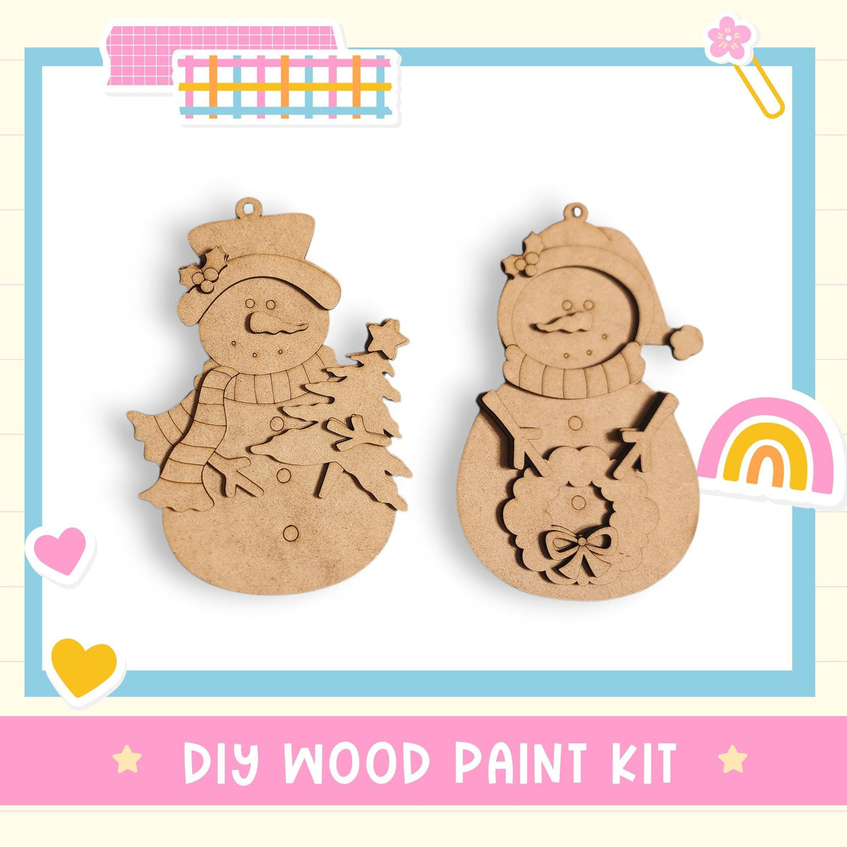 two wooden snowman ornaments, one with a scarf and the other with a wreath, displayed against a white background.