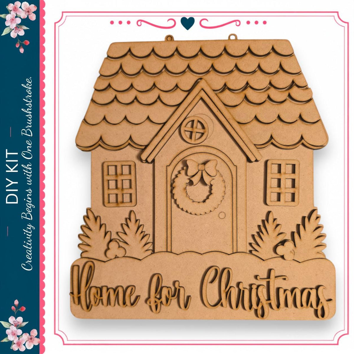 a wooden house with a wreath on the front door, surrounded by trees and bushes. The text "Home for Christmas" is displayed below the house.