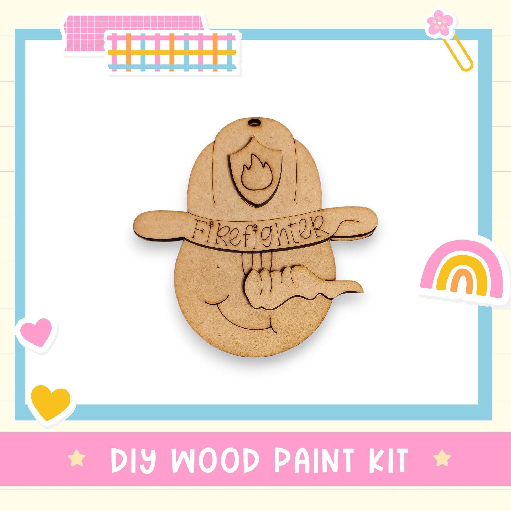 a DIY wood paint kit for creating a firefighter-themed decoration, including a wooden firefighter helmet and other related items.