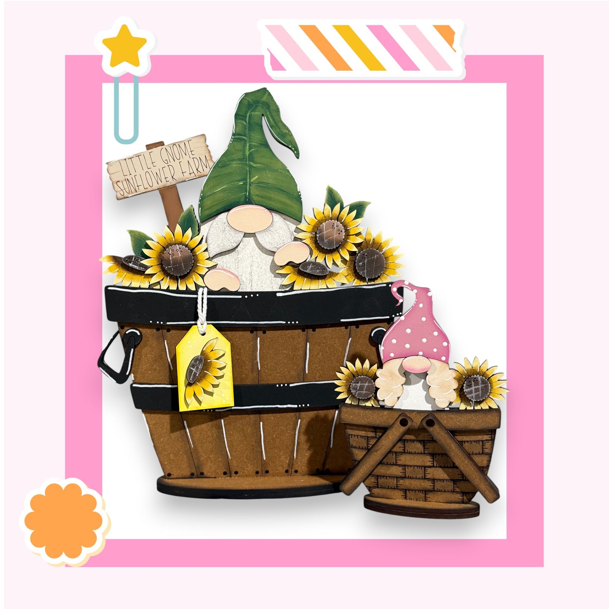 A wooden basket filled with sunflowers and a gnome figure, with a sign that reads "Little Gnome Sunflower Farm" attached to it.