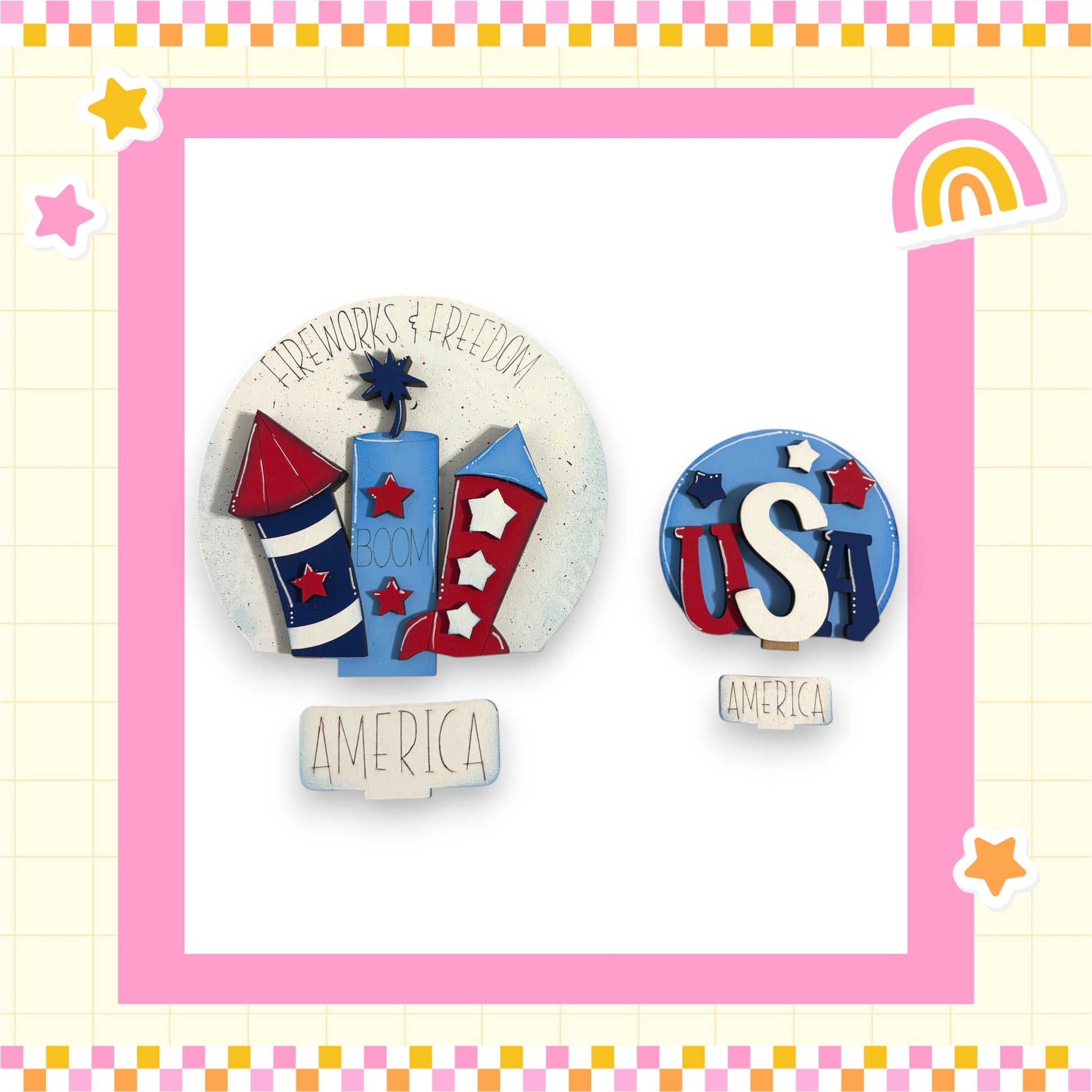 two circular decorations with the word "AMERICA" written on them, surrounded by various colorful and playful elements such as stars, a rainbow, and a firework.