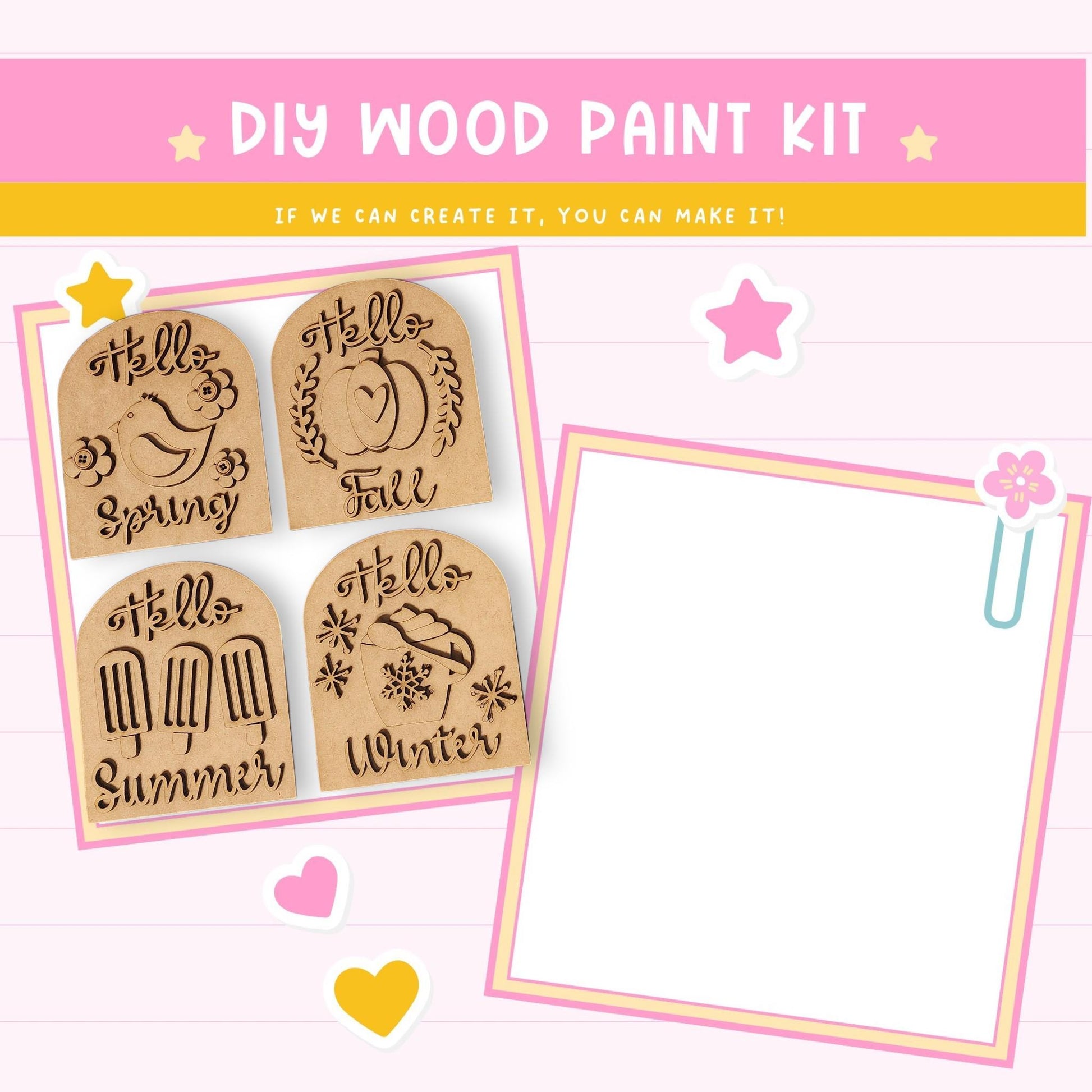 The image is a DIY wood paint kit with four wooden shapes that appear to be designed to represent the four seasons: spring, summer, fall, and winter. The kit includes a blank space for customization, and there is a pink background with a star and a flower.