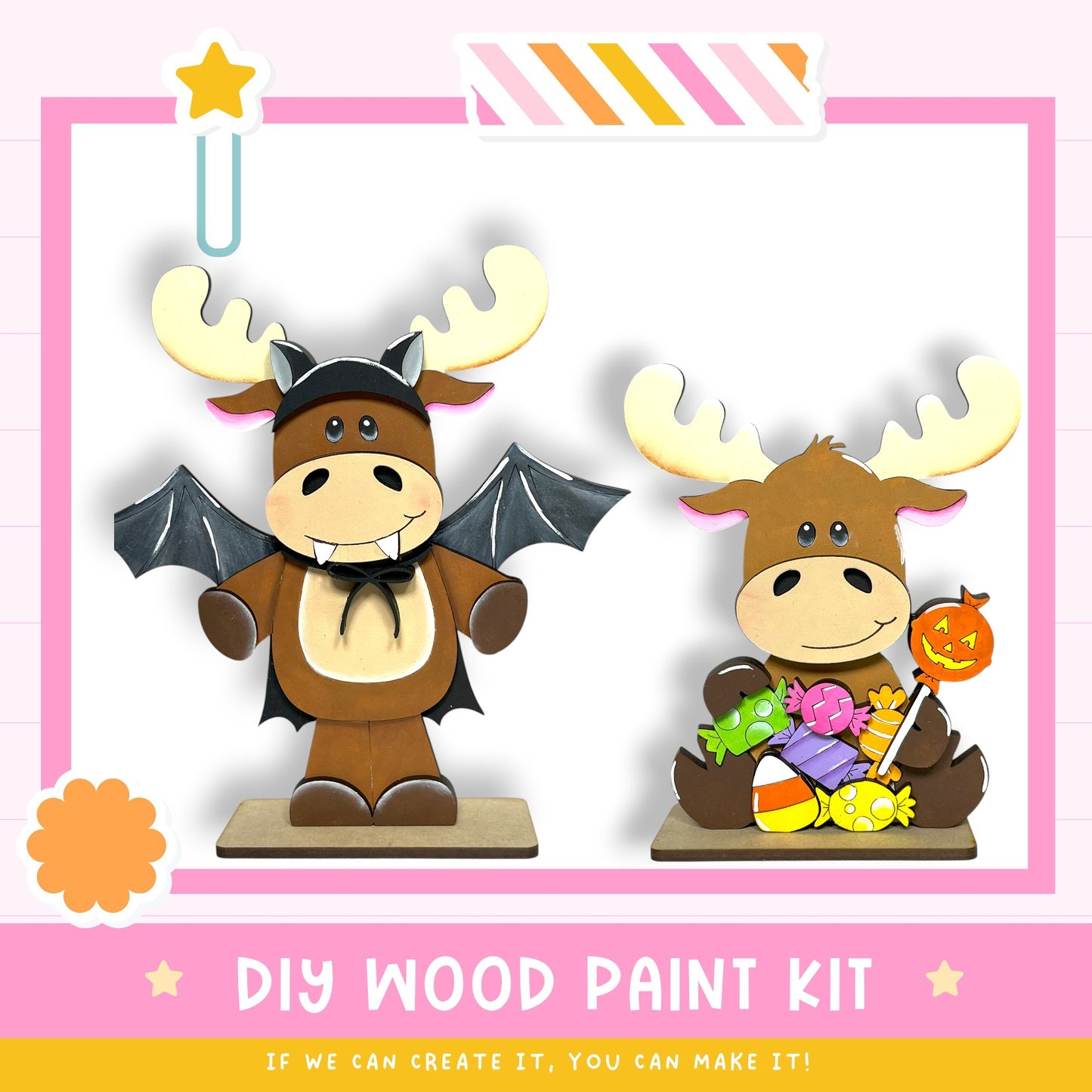 two wooden toy animals, a moose and a bat, dressed in costumes and holding various Halloween-themed items such as a carved pumpkin, candy, and a carved jack-o-lantern. The image also includes text that reads "DIY WOOD PAINT KIT" and "IF WE CAN CREATE IT, YOU CAN MAKE IT!"