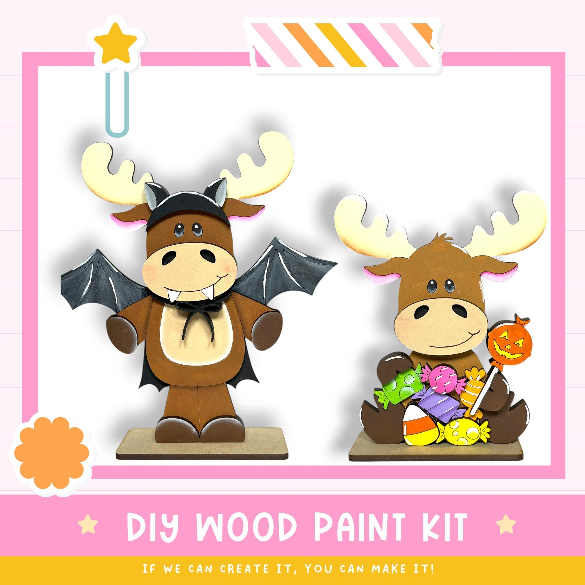 two wooden toy animals, a moose and a bat, dressed in costumes and holding various Halloween-themed items such as a carved pumpkin, candy, and a carved jack-o-lantern. The image also includes text that reads "DIY WOOD PAINT KIT" and "IF WE CAN CREATE IT, YOU CAN MAKE IT!"