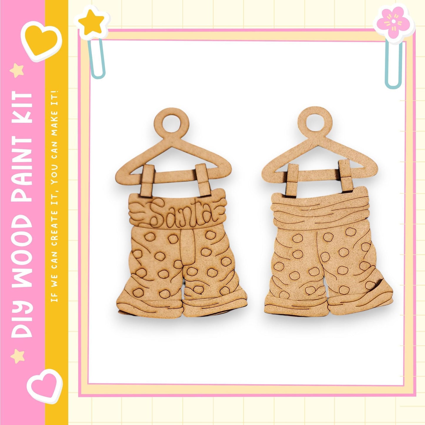 two wooden shorts hanging on a hanger, with a pink and yellow border.