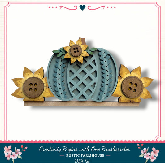A DIY pumpkin decoration with sunflowers and buttons, featuring a rustic farmhouse theme.