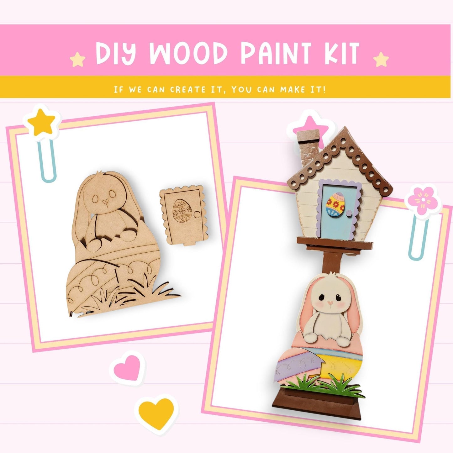 a wooden craft kit with pictures of a house and a birdhouse