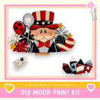 The image is a collage featuring a wooden character wearing a top hat and holding balloons, surrounded by various patriotic-themed objects such as stars, flowers, and fireworks.