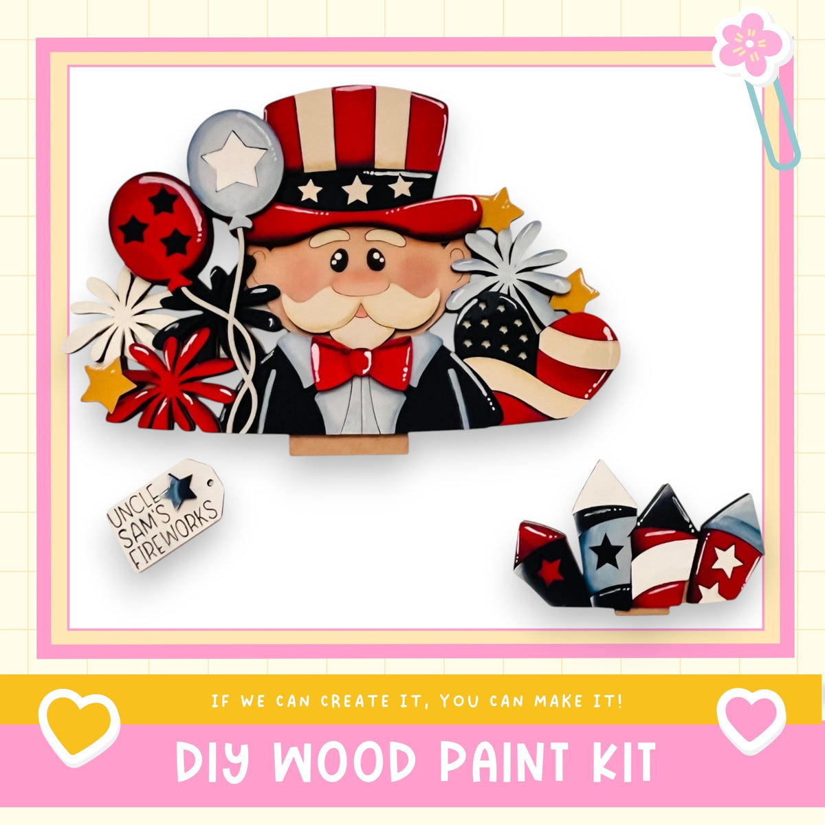 The image is a collage featuring a wooden character wearing a top hat and holding balloons, surrounded by various patriotic-themed objects such as stars, flowers, and fireworks.