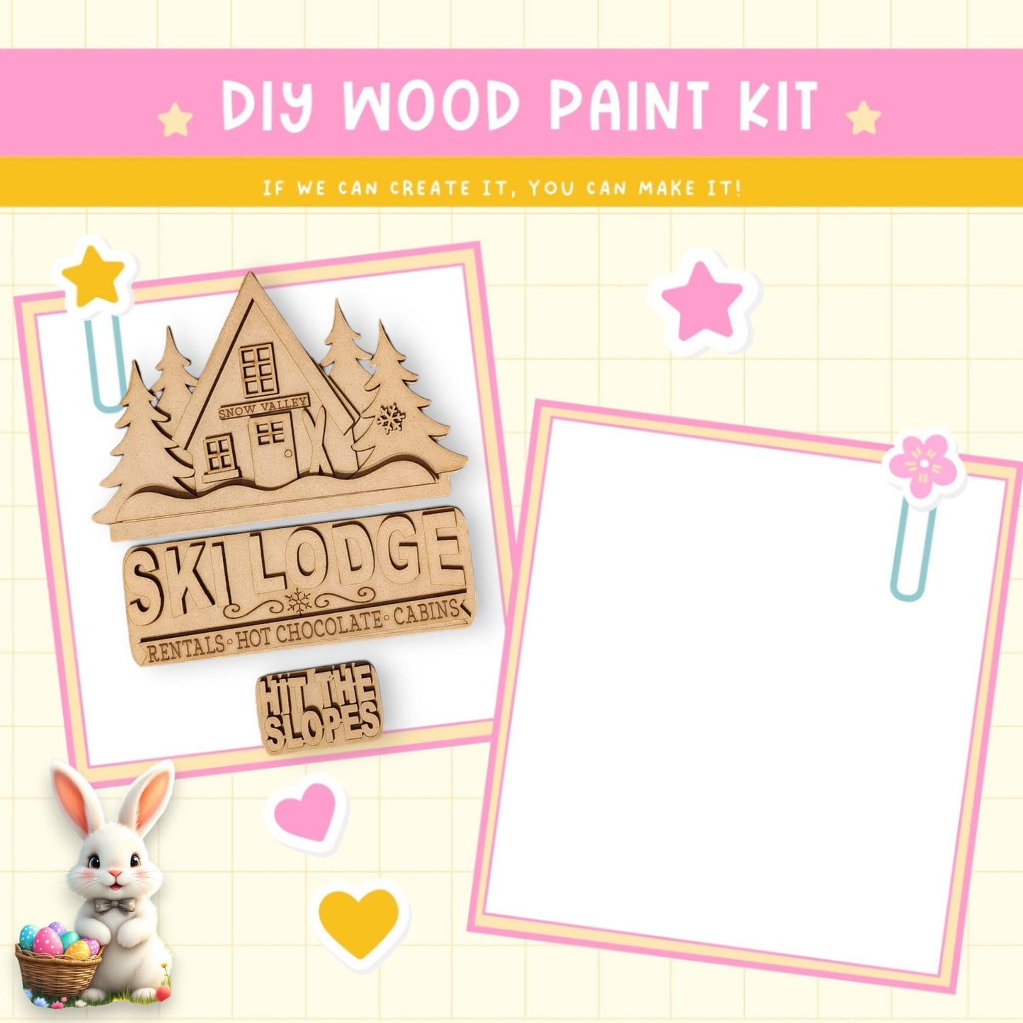 a wooden craft kit with a picture of a house and a bunny