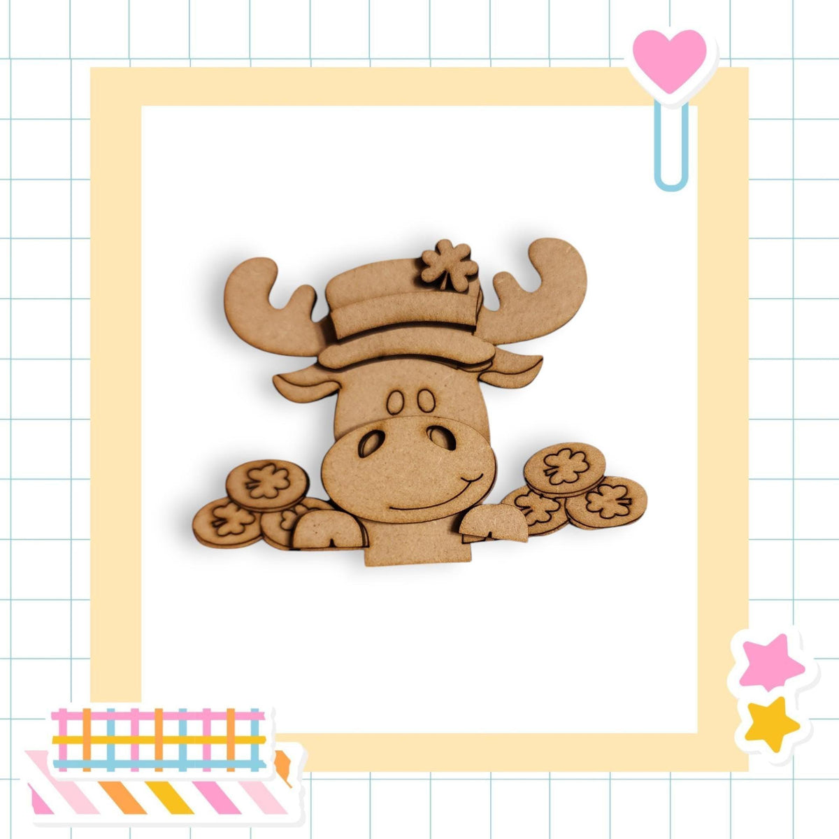 a wooden cutout of a moose with cookies