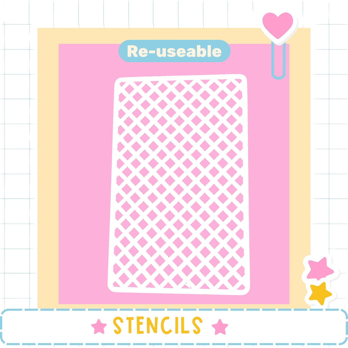 a pink background with a white stencil in the center, surrounded by a yellow border. The word "Re-useable" is displayed above the stencil, and the word "STENCILS" is written at the bottom of the image.