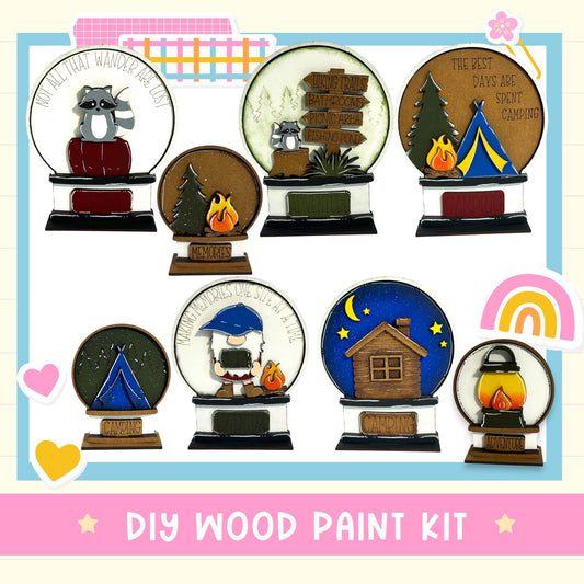 The image is a collage of various decorative items, including snow globes, wooden signs, and camping-themed objects, all set against a white background.