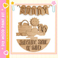The image is a collage featuring a wooden sign with the word "SUNNY" and various beach-related objects such as a sun, sunglasses, a beach bag, and a flip-flop.