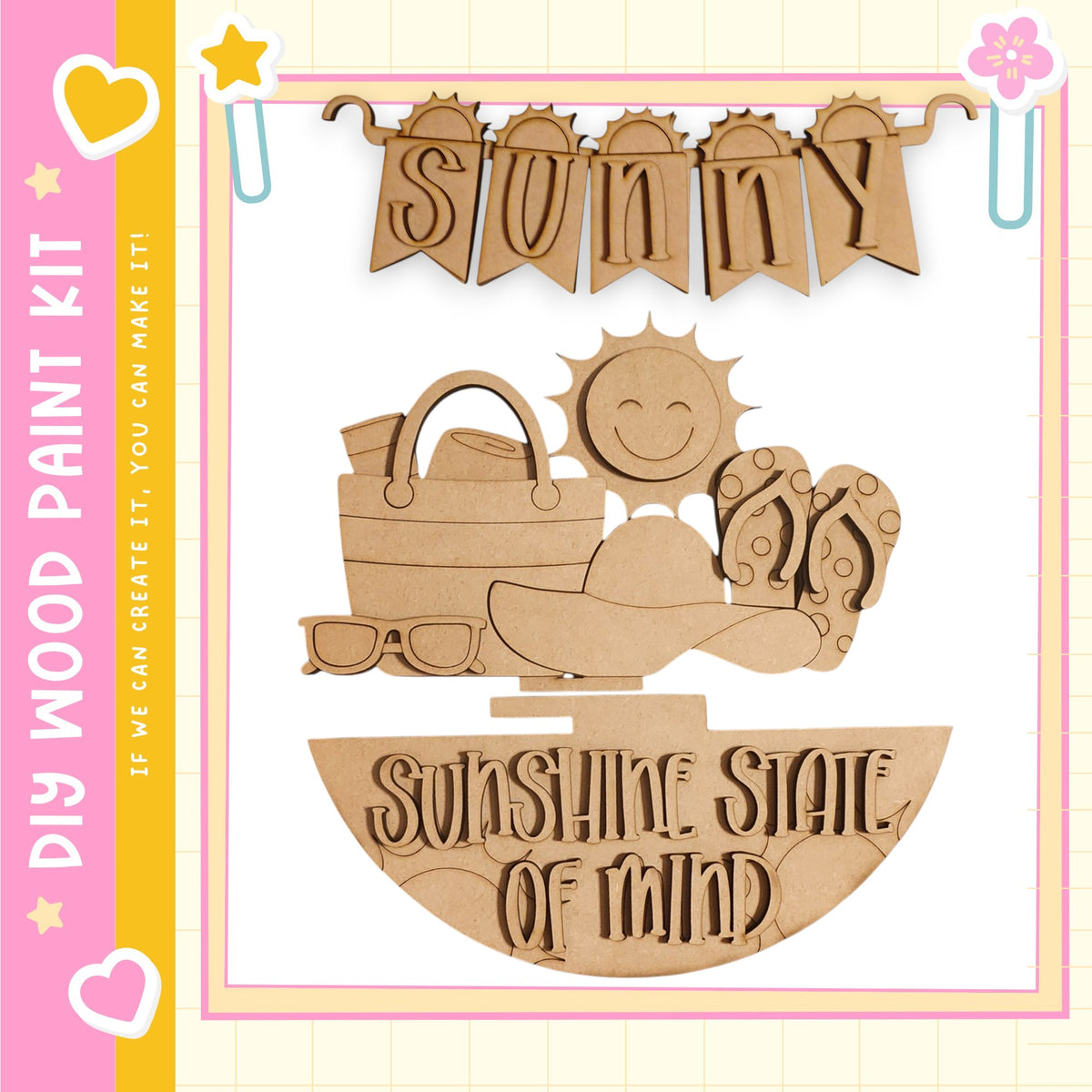 The image is a collage featuring a wooden sign with the word "SUNNY" and various beach-related objects such as a sun, sunglasses, a beach bag, and a flip-flop.