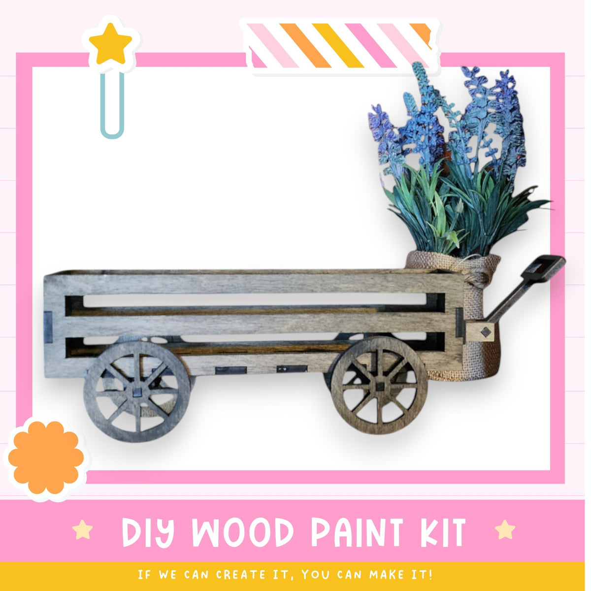 a DIY wood paint kit, with a wooden wagon painted in a rustic style and decorated with a potted plant. The kit appears to be made of wood and includes a paintbrush, suggesting it is a creative project for the viewer.