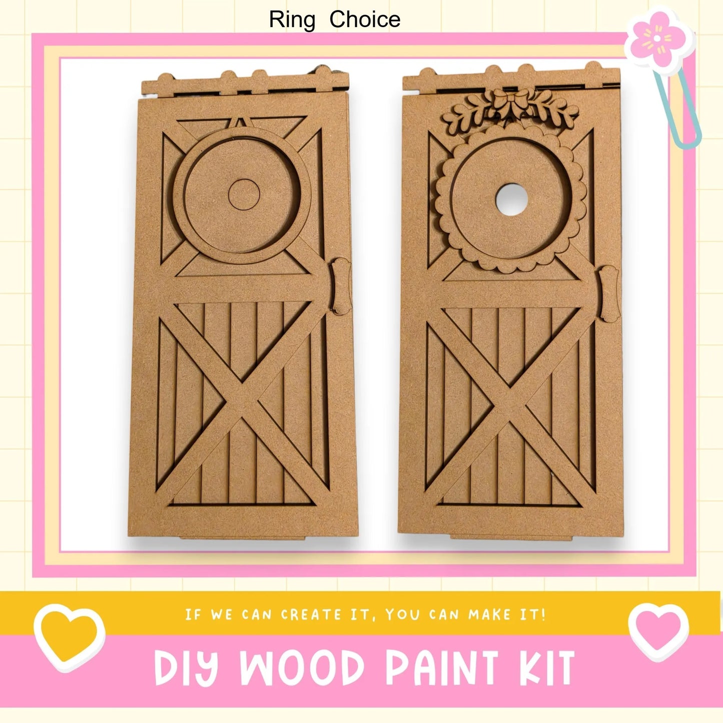 two wooden doors made of cardboard, with decorative elements such as a circular cutout and a floral design. The text below the image reads "DIY WOOD PAINT KIT" and "If we can create it, you can make it!"
