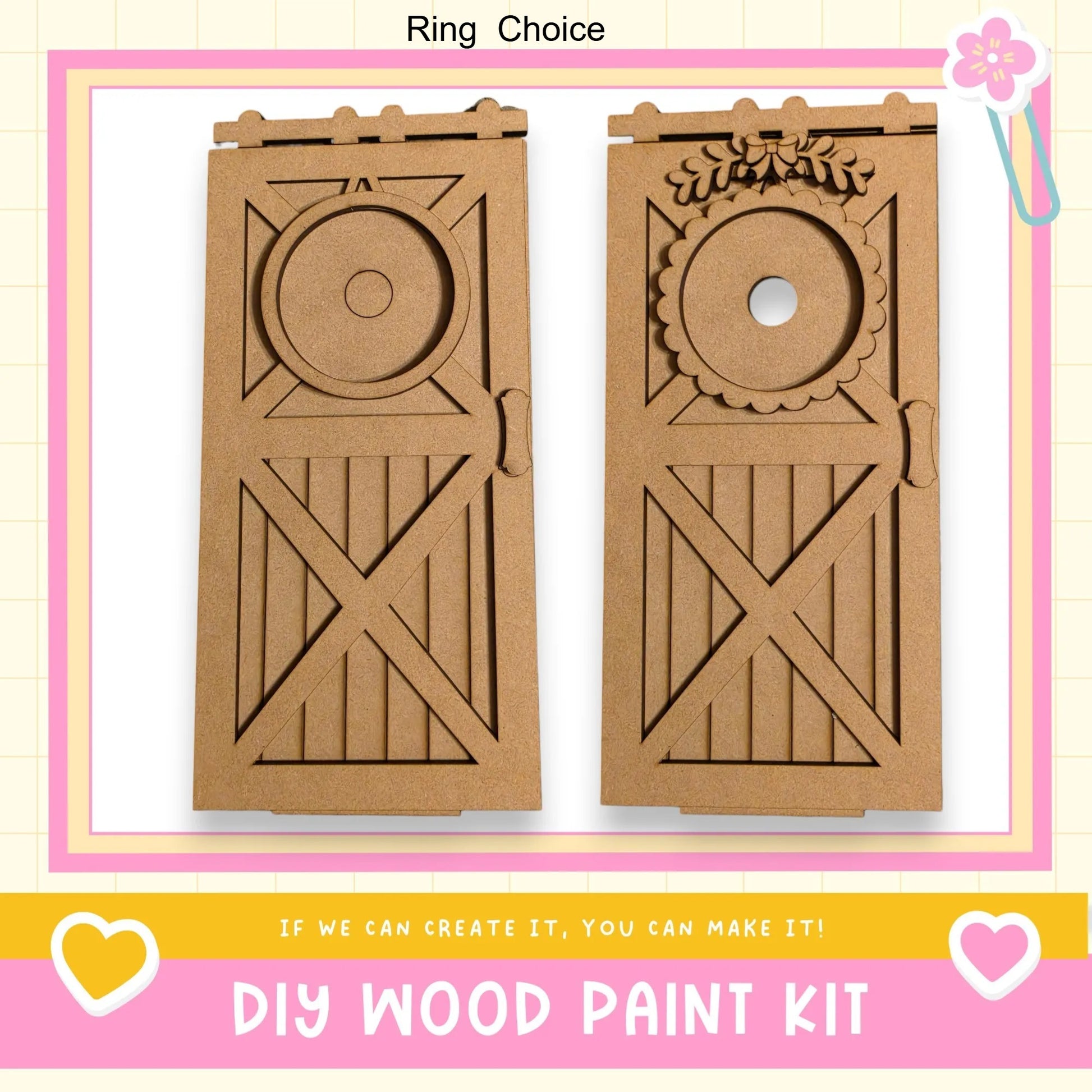 two wooden doors made of cardboard, with decorative elements such as a circular cutout and a floral design. The text below the image reads "DIY WOOD PAINT KIT" and "If we can create it, you can make it!"