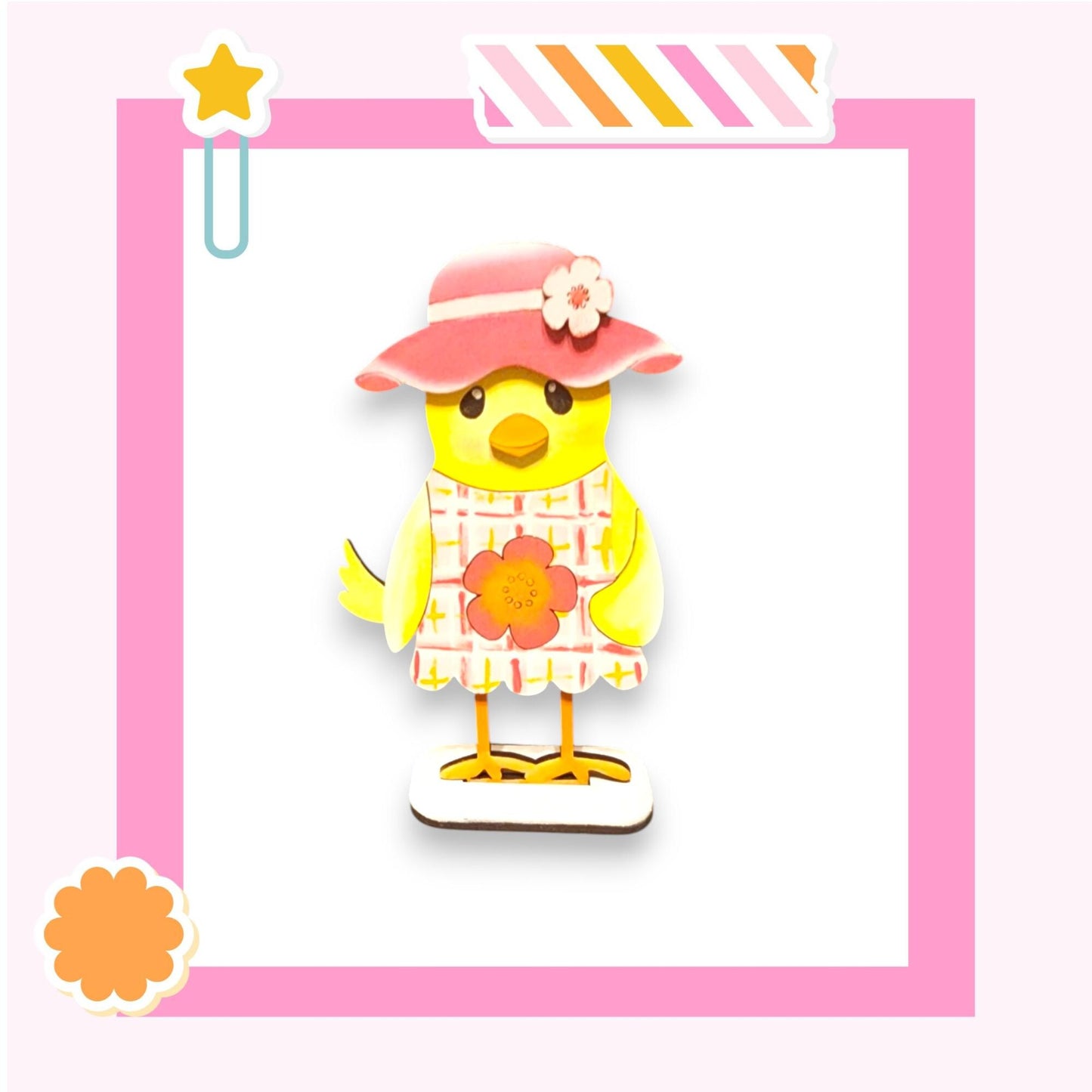 a picture of a yellow bird wearing a pink hat