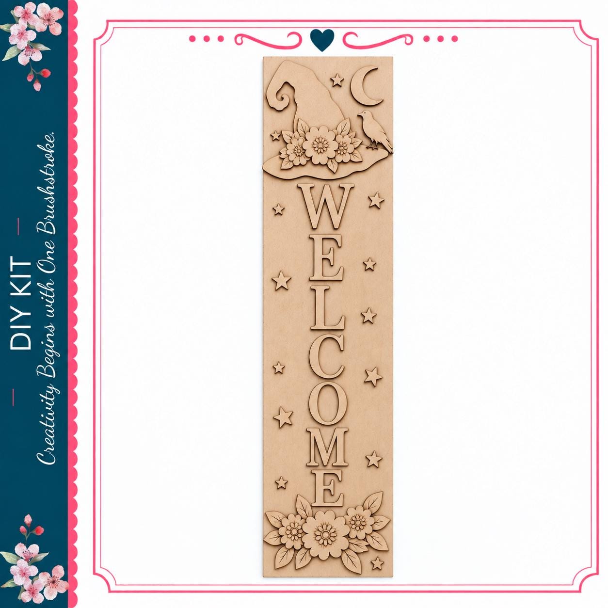 a wooden welcome sign with the word "WELCOME" carved into it. The sign is decorated with flowers and stars, creating a festive and inviting atmosphere.