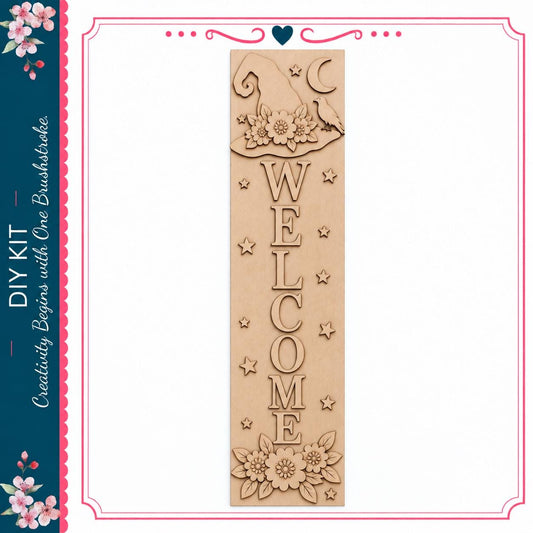 a wooden welcome sign with the word "WELCOME" carved into it. The sign is decorated with flowers and stars, creating a festive and inviting atmosphere.