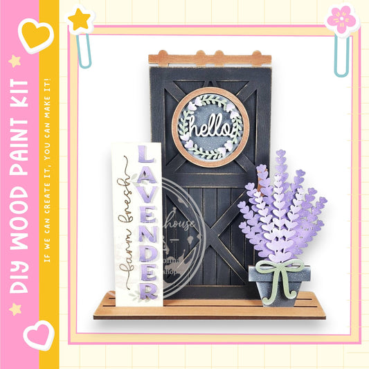 a wooden shelf with various decorative items, including a wreath, a sign, and a potted plant.