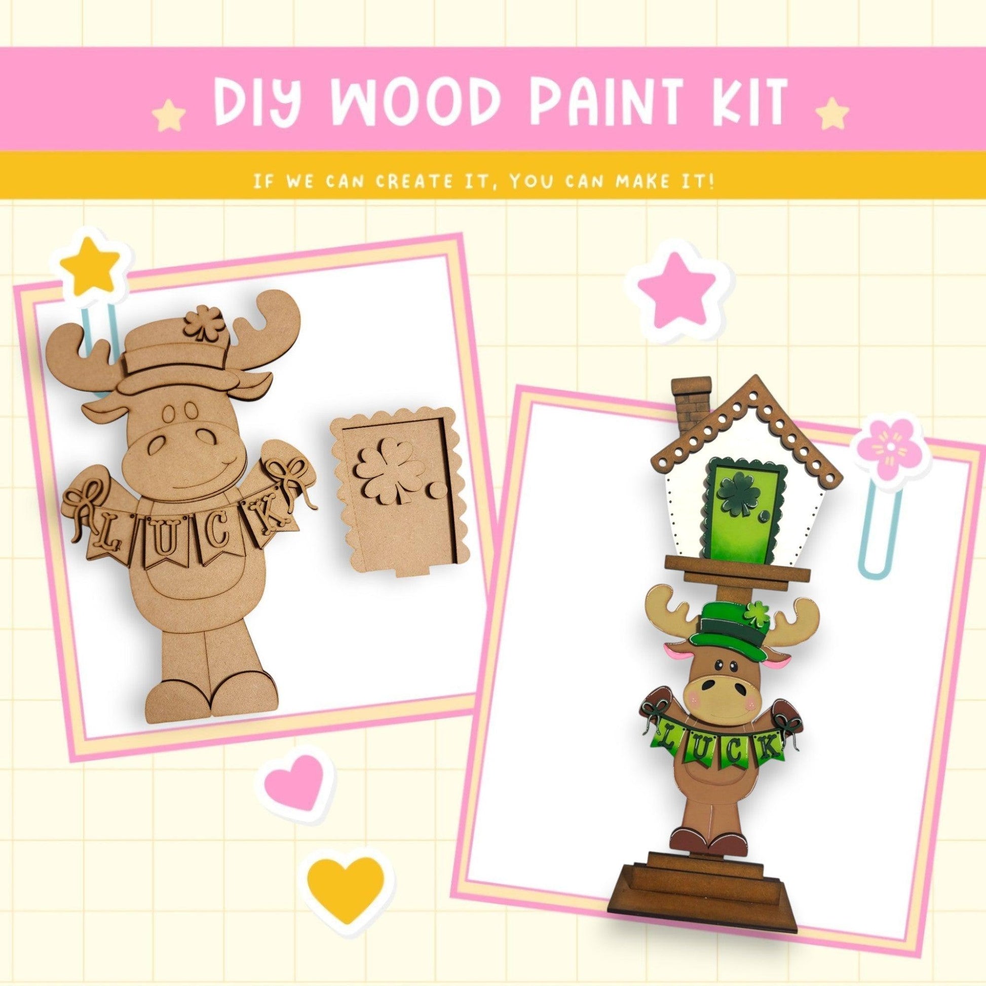 a wooden craft kit of a moose and a house