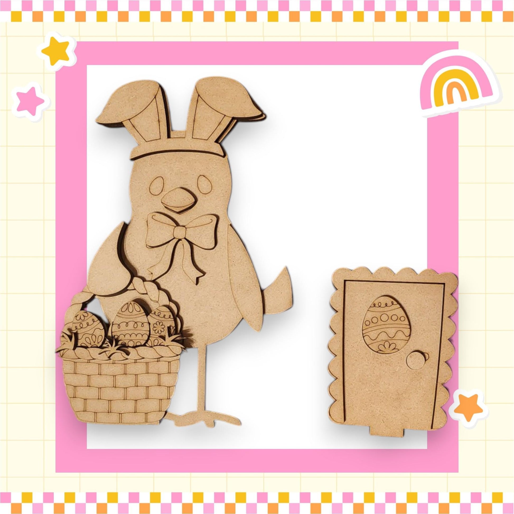 a wooden cutout of a bunny holding a basket of eggs