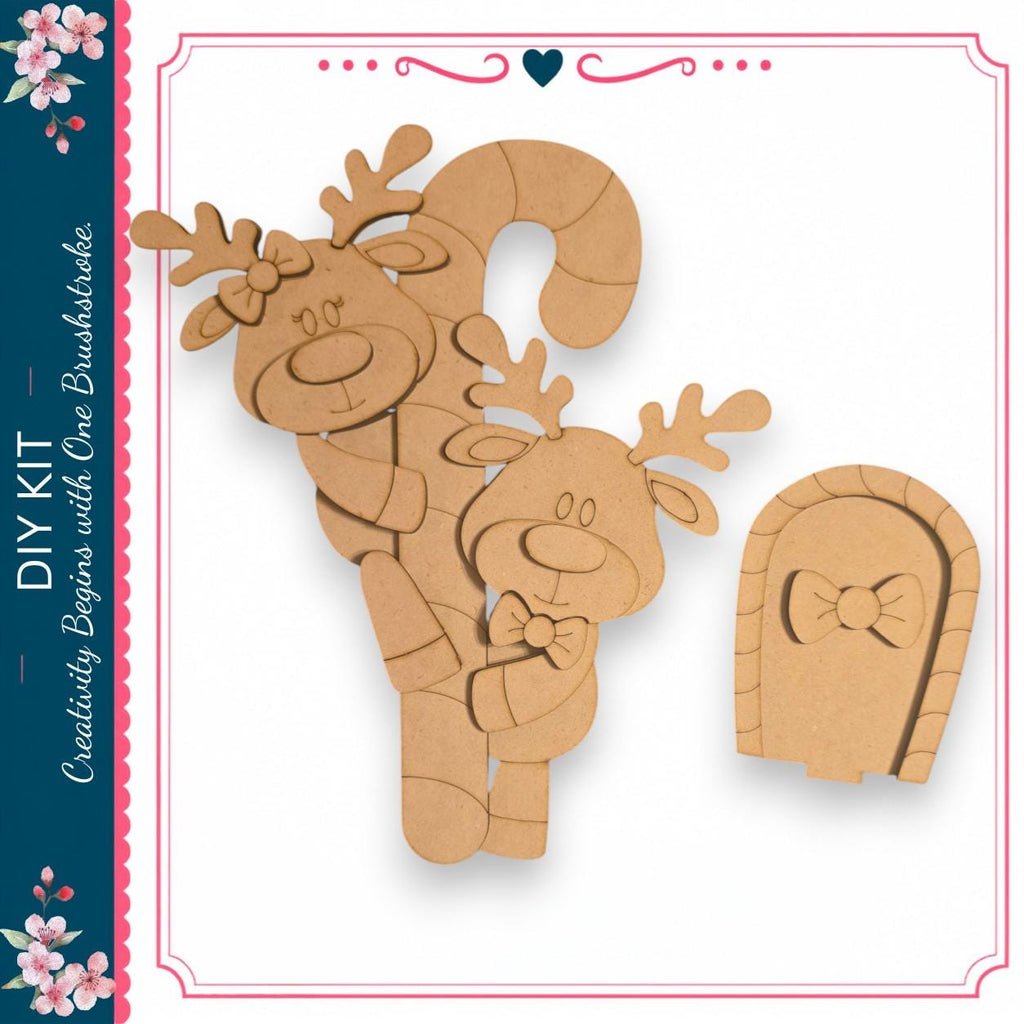 a DIY kit with a creative and fun design, including a pair of wooden reindeer and a candy cane.