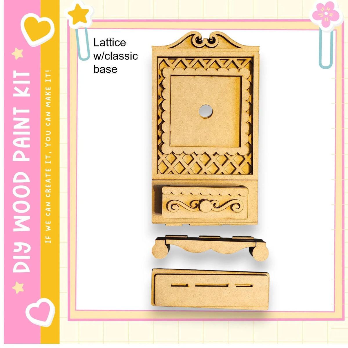 a wooden paint kit, including a wooden cabinet and a wooden drawer, set against a pink and yellow background.