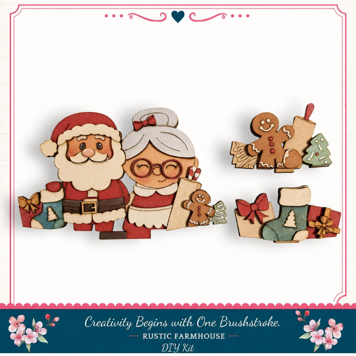 a collage of Christmas-themed wooden figurines, including Santa Claus, Grandma, and a gingerbread man, along with various holiday-themed items such as a Christmas tree, stockings, and presents.