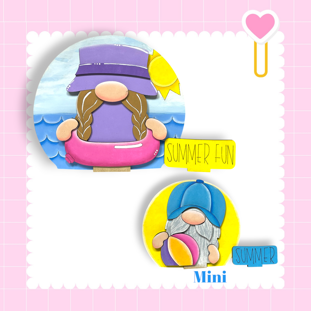 two illustrated gnomes, one wearing a purple hat and the other wearing a blue hat, both holding a beach ball and a float, with the text "Summer Fun" and "Mini" below them.