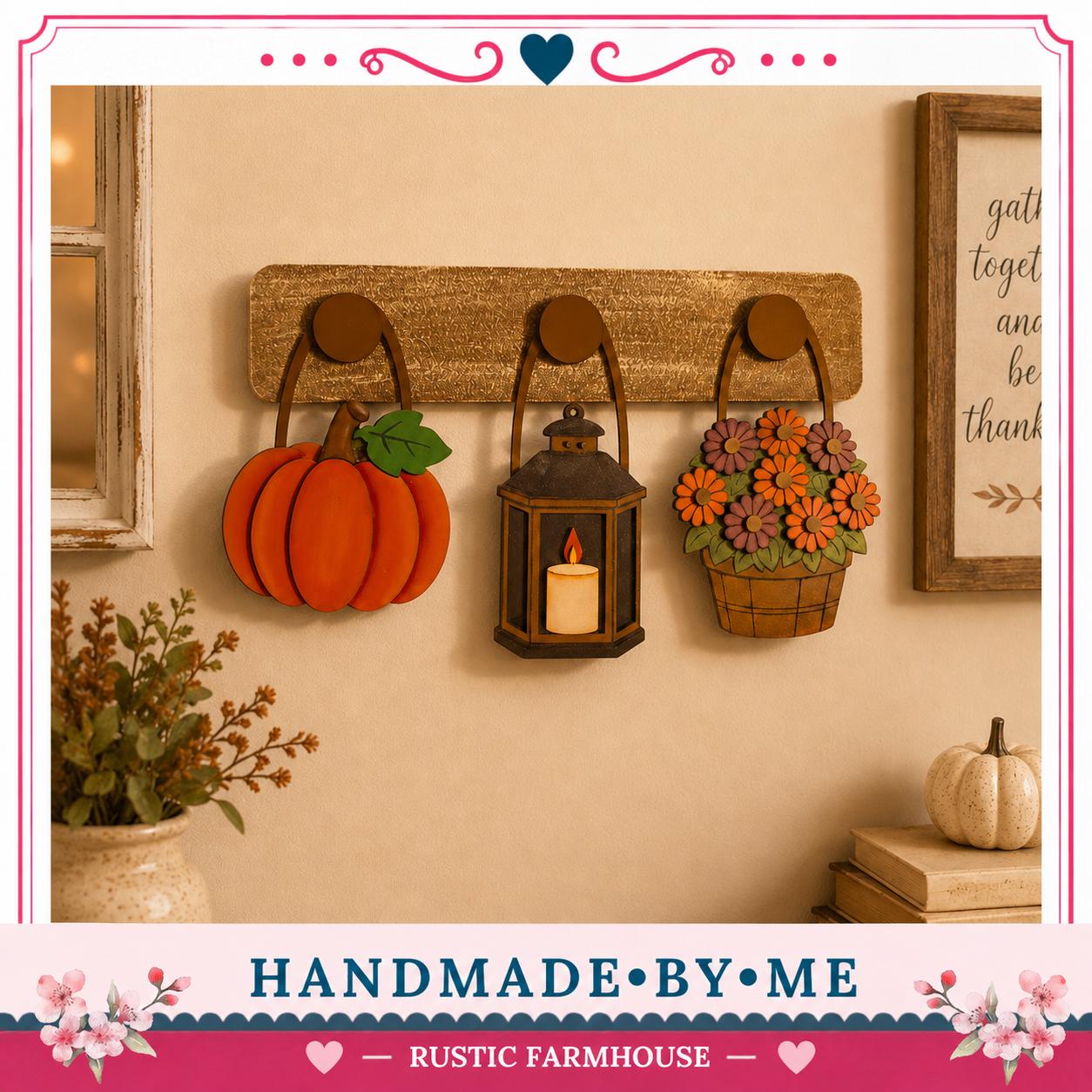 a rustic farmhouse wall decoration with three hand-made wooden lanterns and baskets, along with a potted plant and a small white pumpkin.